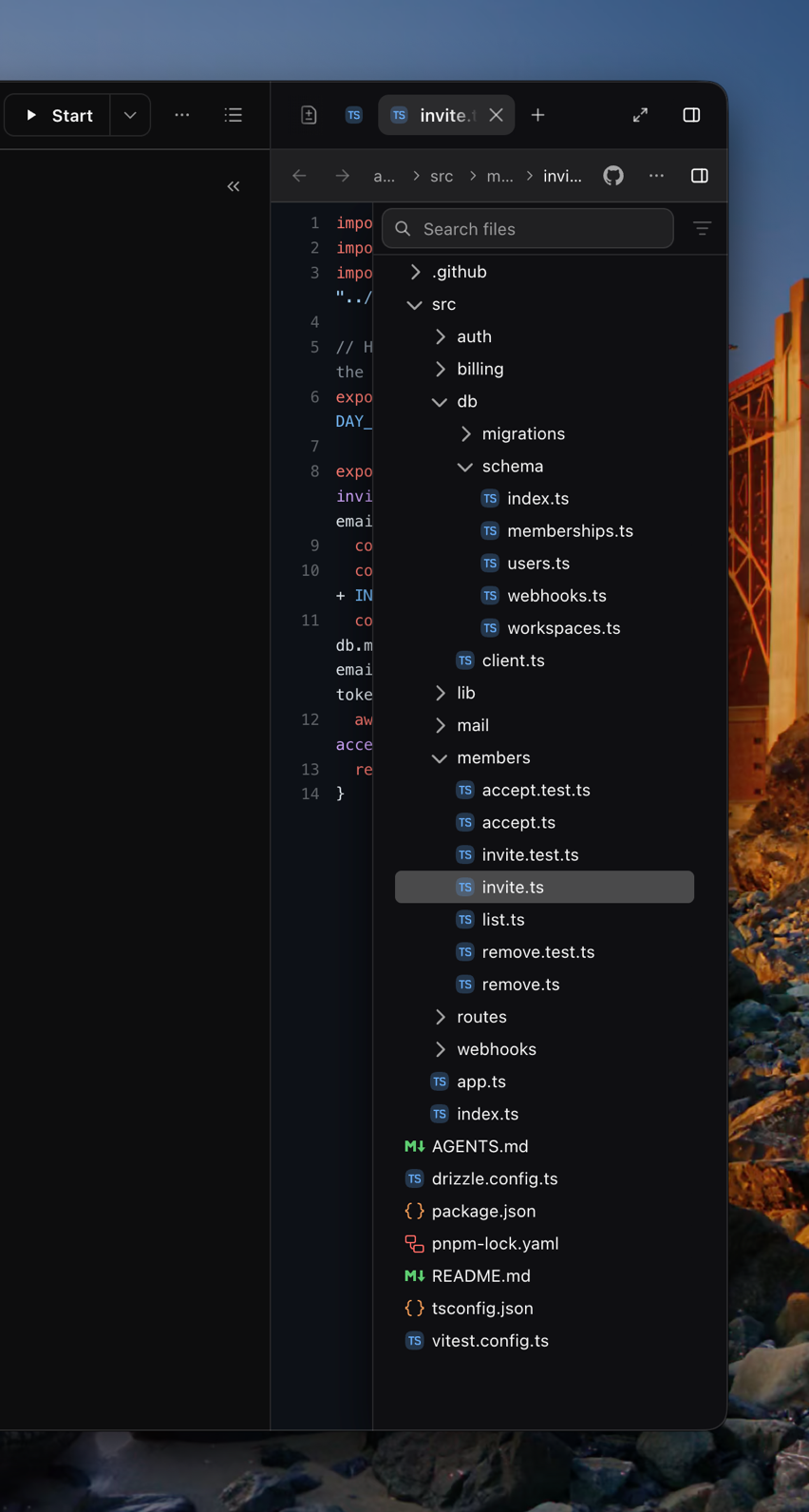 A side panel 340 points wide: its tab strip folded to glyphs beside the chosen invite.ts, and the file tree floating over the code.